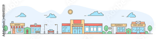 City skyline. Landscape with row houses of bakery, bus stop, super market, pharmacy and post office. Street horizontal panorama. Vector illustration