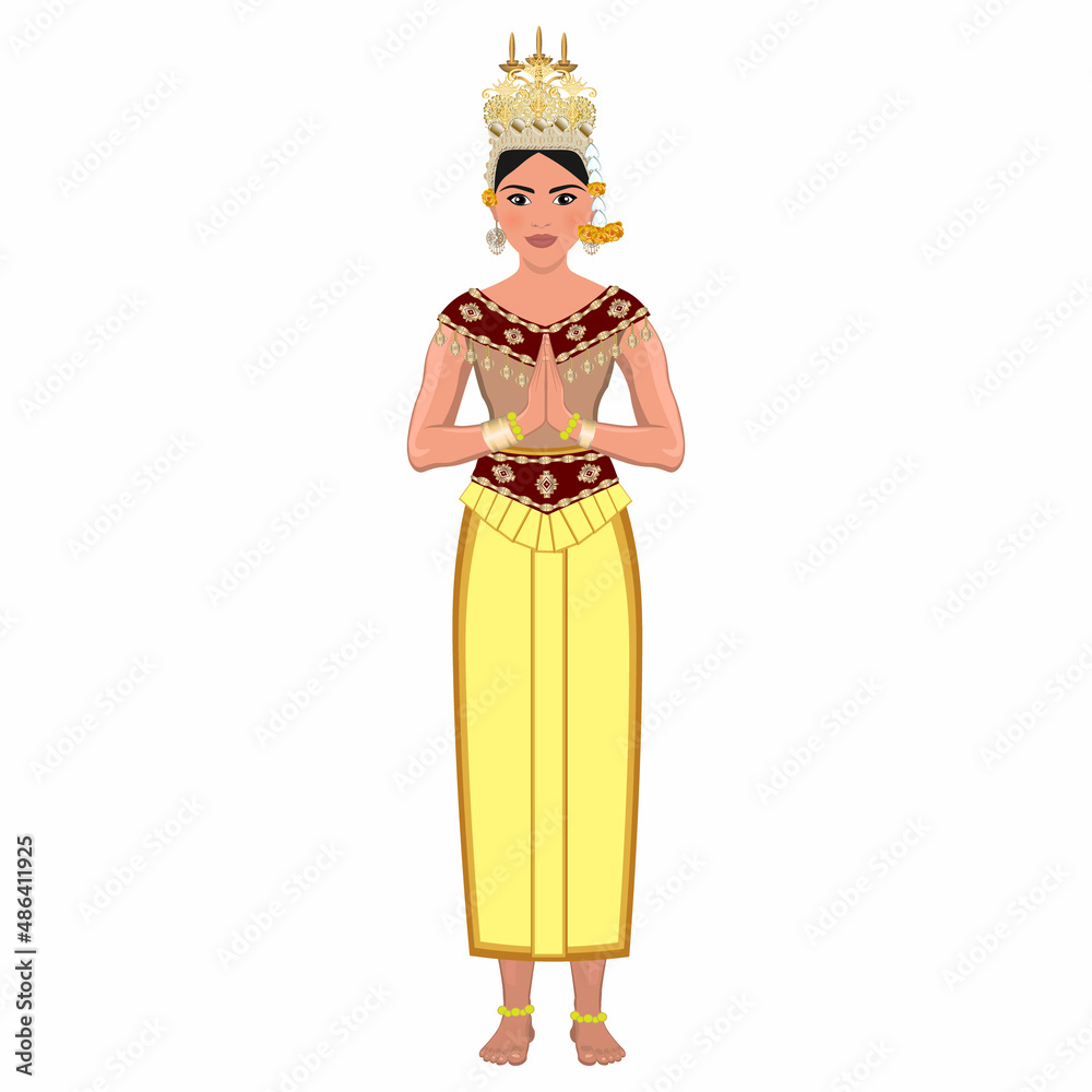 Woman in folk national costume of Cambodia. Vector illustration