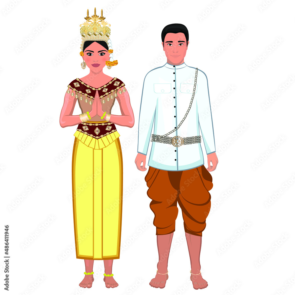 Woman and man in folk national costumes of Cambodia. Vector illustration