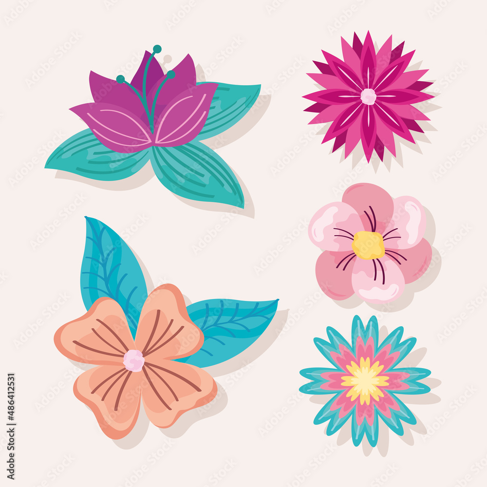 set with flowers and leaves set with flowers and leaves