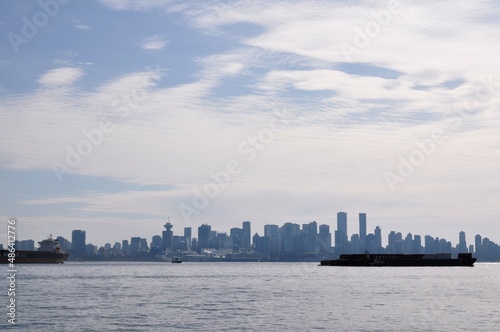 city skyline at sunset in Vancouver, Canada.