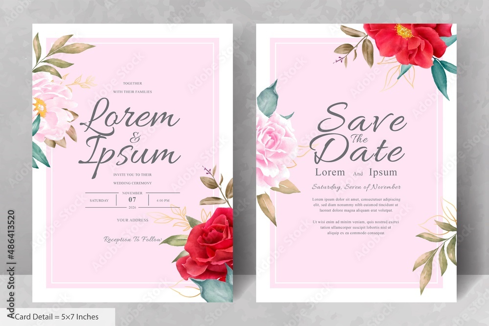 Romantic Watercolor Wedding Invitation Card Set with Maroon Floral and Leaves