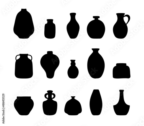 Boho vases set. Abstract silhouette of ceramic pots and clay jugs in black color. Modern home decor. Various forms. Hand drawn doodle vector illustration.