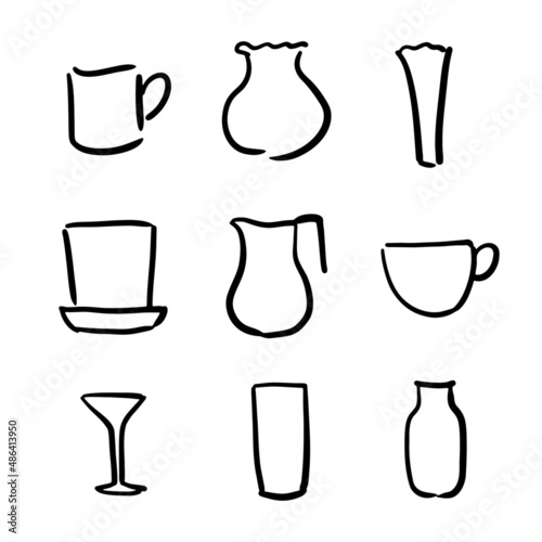 Set of glassware and ceramics doodles  cups  glass  jugs  bottle  and vase