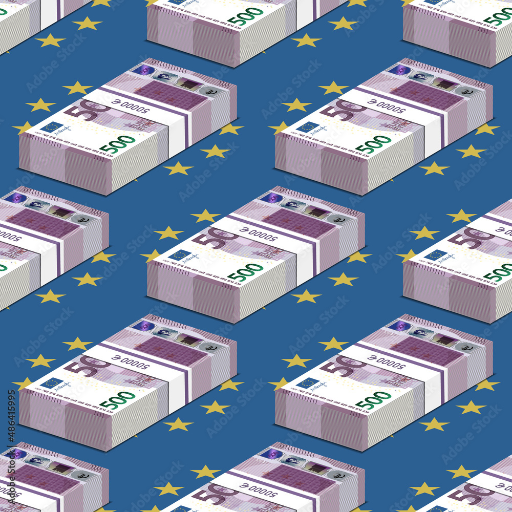 3d seamless pattern of EU paper money. Volumetric bundles purple of 500 euro banknotes staggered manner against the background of the European flag