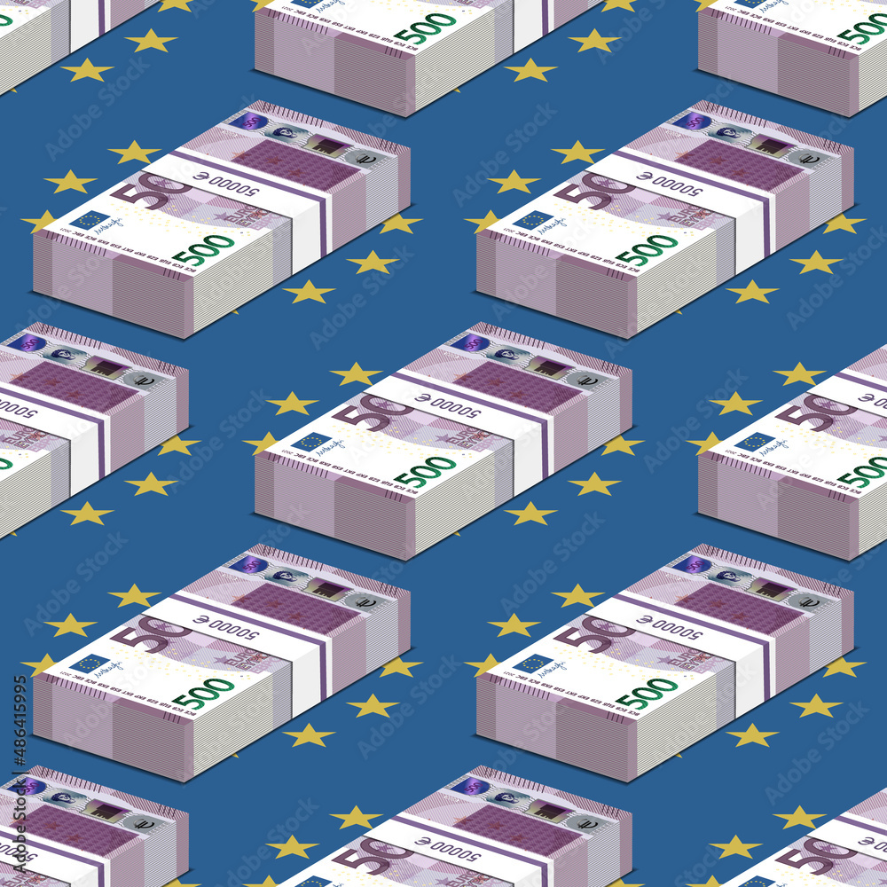 3d seamless pattern of EU paper money. Volumetric bundles purple of 500 euro banknotes staggered manner against the background of the European flag 3d seamless pattern of EU paper money. Volumetric bundles purple of 500 euro banknotes staggered manner against the background of the European flag