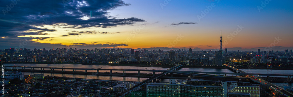 panoramic city skyline aerial night view with tokyo skytree  in Tokyo, Japan