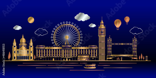 Vector. gold color London, England and United Kingdom Landmarks Skyline, Famous Place, Travel and Tourist Attraction on blue background