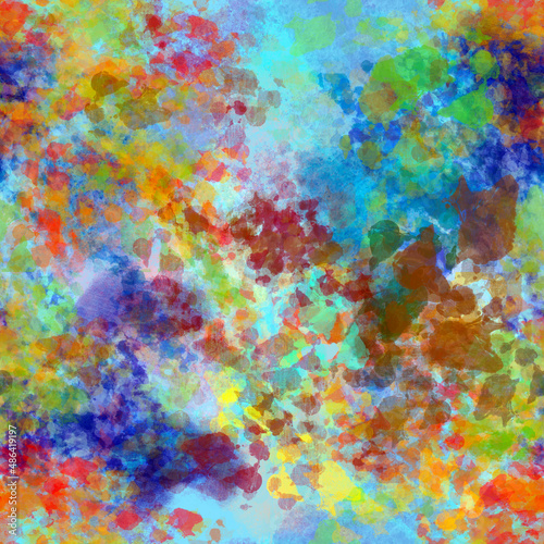 Abstract hand-painted multicolored pattern with bright spots, blots, smudges on a light blue background © Olga