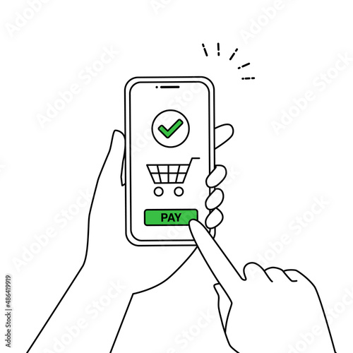 スマートフォンでキャッシュレス決済、オンラインショッピングをする人々のベクターイラスト