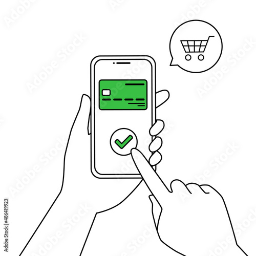 スマートフォンでキャッシュレス決済、オンラインショッピングをする人々のベクターイラスト