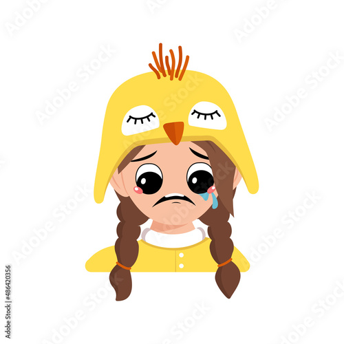 Girl with big eyes and crying and tears emotion, sad face, depressive eyes in chicken hat. Head of child with melancholy expression for Easter, New Year or costume for party. Vector flat illustration