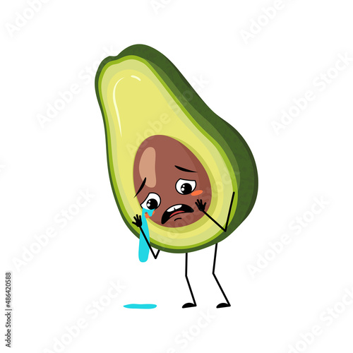 Avocado character with crying and tears emotion, sad face, depressive eyes. Person with melancholy expression, vegetable emoticon. Vector flat illustration