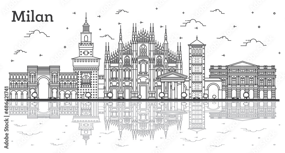Outline Milan Italy City Skyline with Reflections and Historic Buildings Isolated on White.