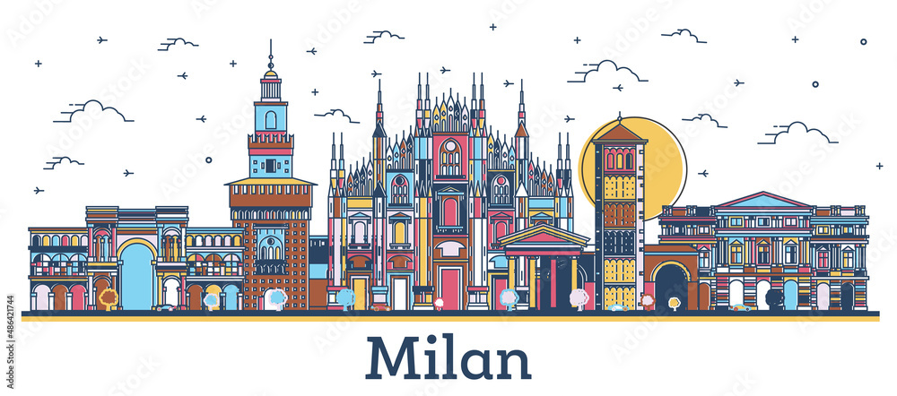 Outline Milan Italy City Skyline with Colored Buildings Isolated on White.