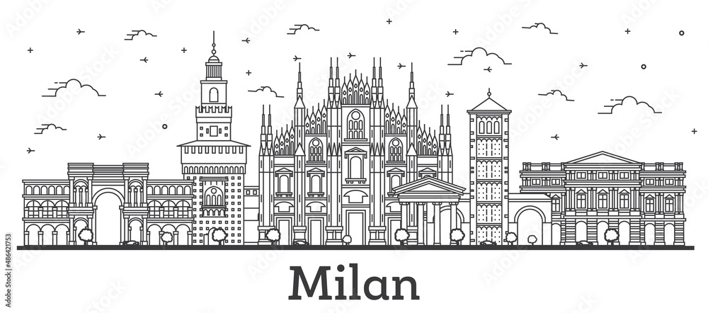 Outline Milan Italy City Skyline with Historic Buildings Isolated on White.
