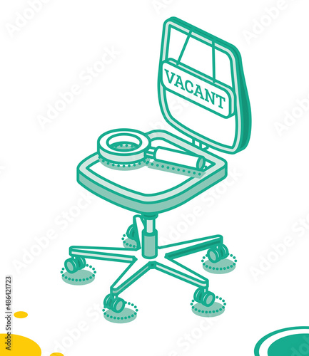 Empty Office Chair with Vacancy Sign and Magnifying Glass. Search Employees to Company.