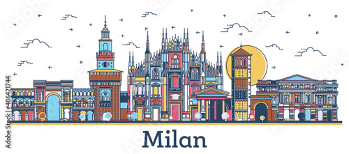 Outline Milan Italy City Skyline with Colored Buildings Isolated on White.