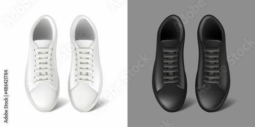 3d realistic vector icon. White and black running sneakers with lace. Sport shoes. 