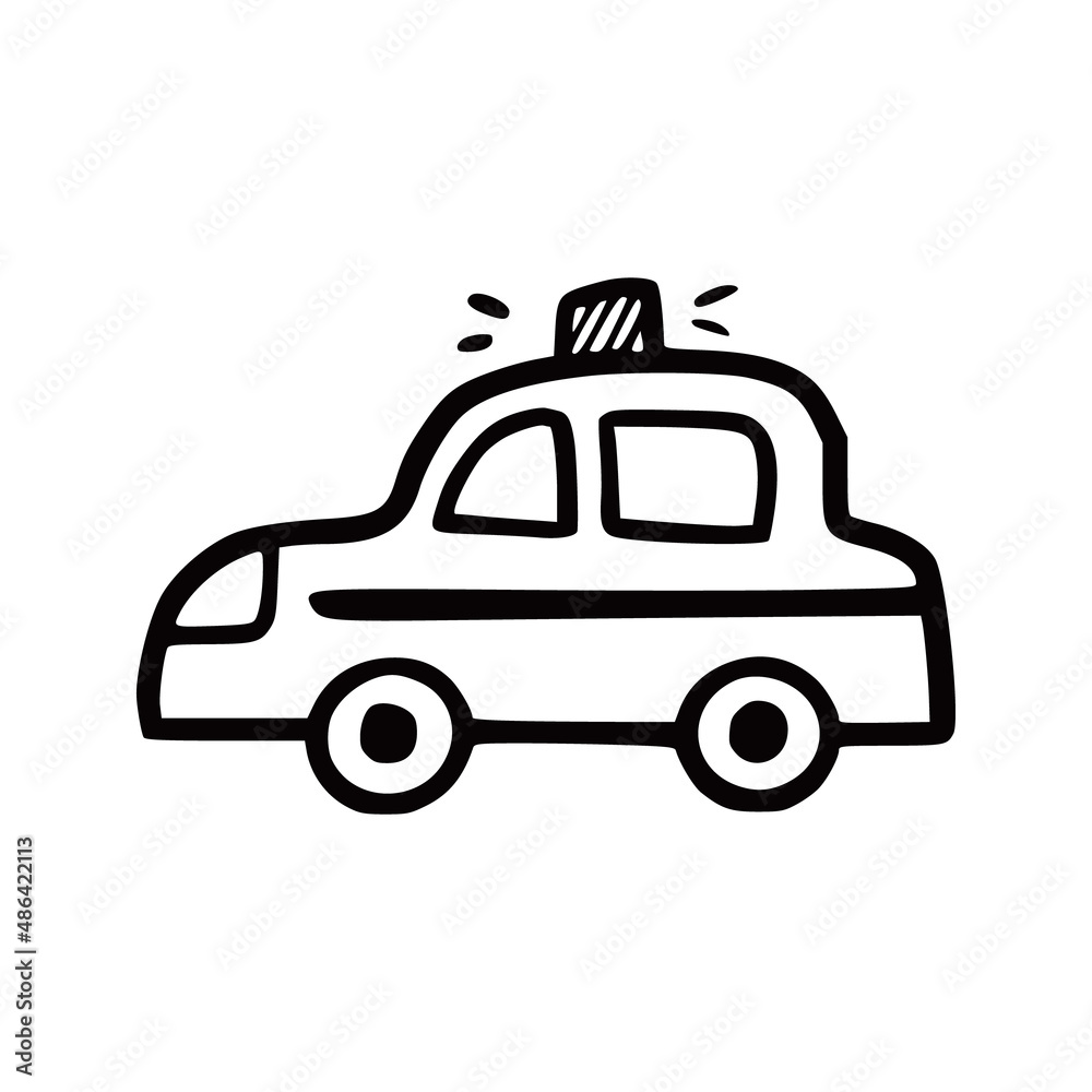 Police car. Doodle sketch scribble style. Hand drawn toy car vector illustration.