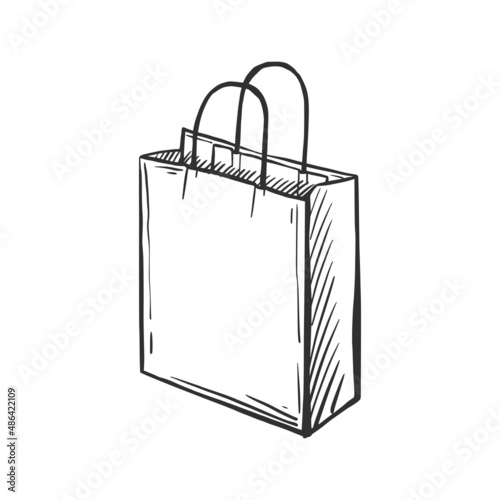 Delivery bag sketch on a white isolated background. Paper bag with handles .Fashion shopping. Vector hand-drawn illustration.