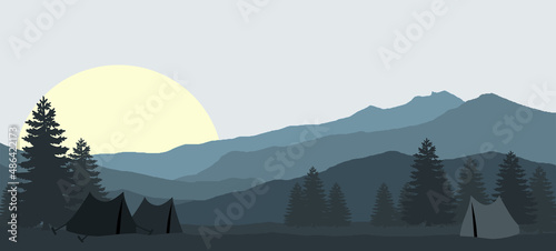 Sunrise in the taiga, illustration.