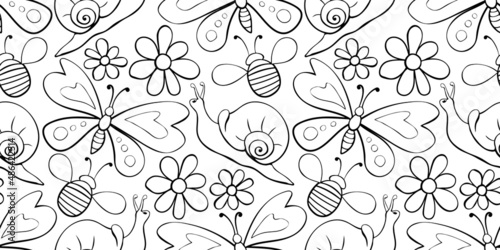 Vector seamless pattern of black outline butterflies, honey bees, snails and flowers. Doodle style. Flower meadow. Cute texture on theme of nature, spring, summer, children print