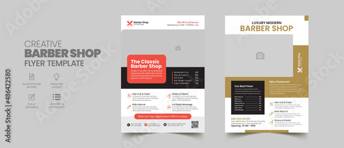 Barber shop flyer brochure cover template. Editable creative beauty salon hair cutting and spa business flyer design