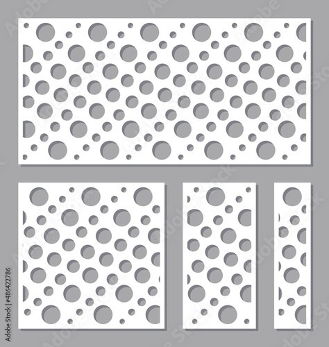 Set of panels with a circle geometric pattern. Stencils, lattice of square, rectangular shape with with round holes. Template for plotter laser cutting of paper, metal engraving, wood carving, cnc.