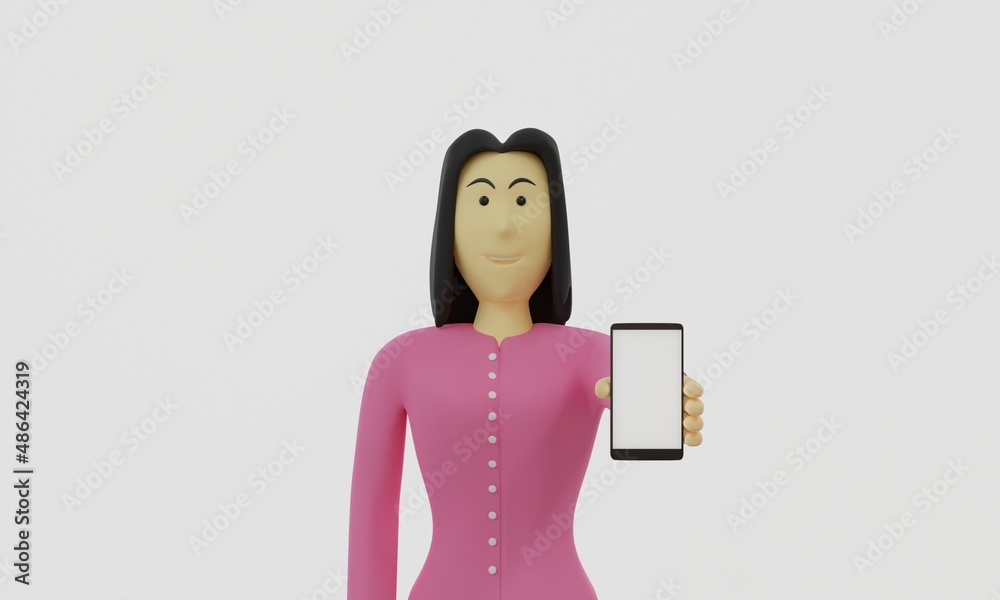 smile woman show smartphone,white blank screen. 3d rendering. smile woman show smartphone,white blank screen. 3d rendering.