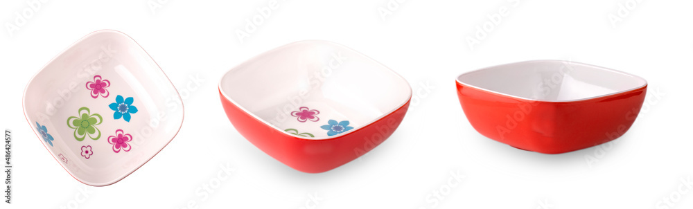 set of red empy salad bowl isolated on white background top view