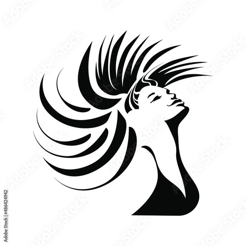 Beauty and hairstyle salon illustration.Beautiful woman with long, wavy hair and elegant makeup.Style,cosmetics, spa and aesthetics logo isolated black on white background.Cosmetics icon.