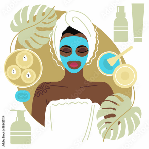 dark-skinned girl with a clay mask on her face