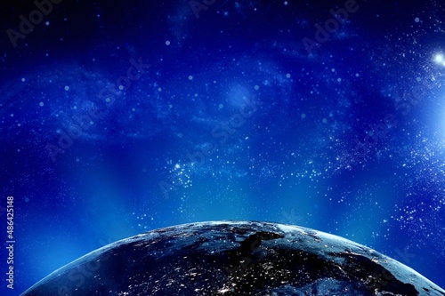 Fototapeta Naklejka Na Ścianę i Meble -  Earth planet in deep space. Outer dark space. Night on planet with cities lights. Surface of Earth.