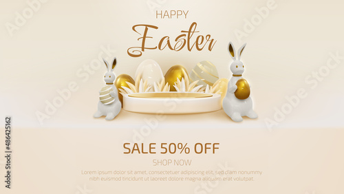 Happy easter with product display podium and realistic rabbit and golden egg elements and grass.