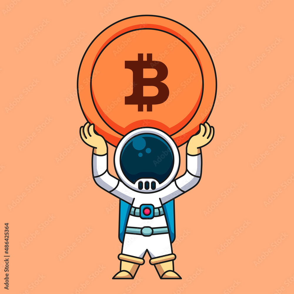 Astronaut lifting bitcoin cryptocurrency coin, cute cartoon icon illustration Astronaut lifting bitcoin cryptocurrency coin, cute cartoon icon illustration