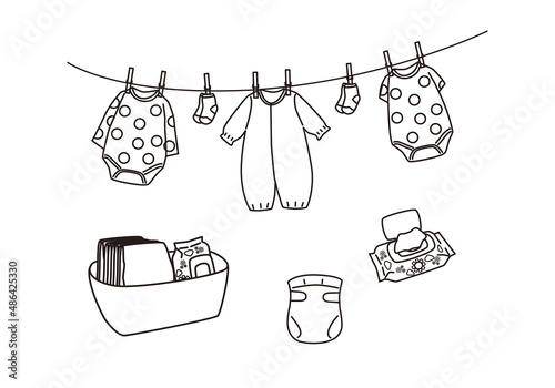 あかちゃん用品のイラスト　あかちゃんのいる暮らし　洗濯とオムツ　線画、シンプルライン