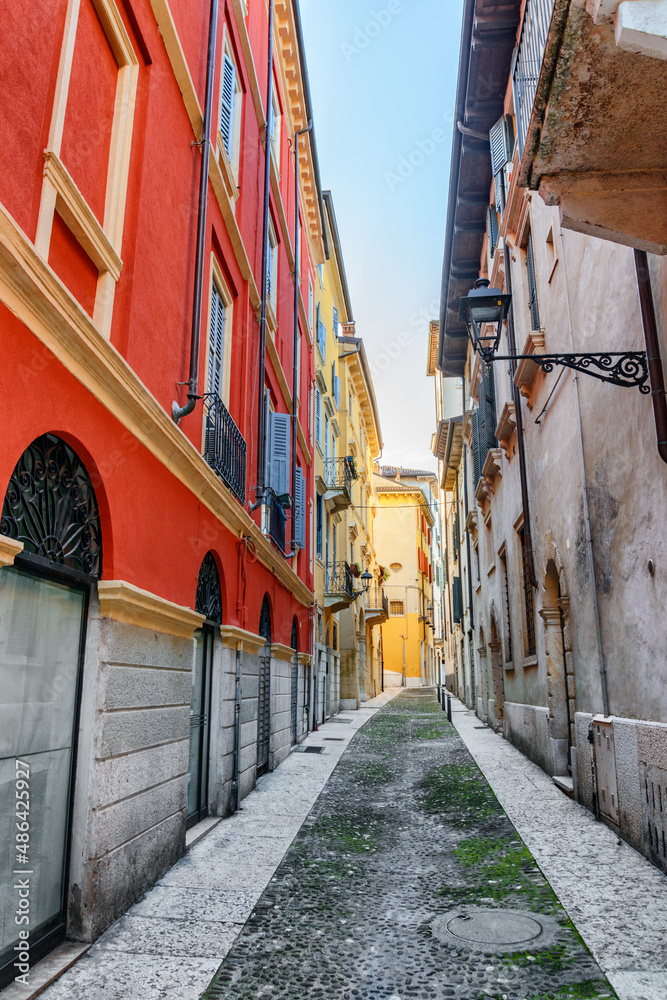 View of narrow street at historic centre of Verona, Italy