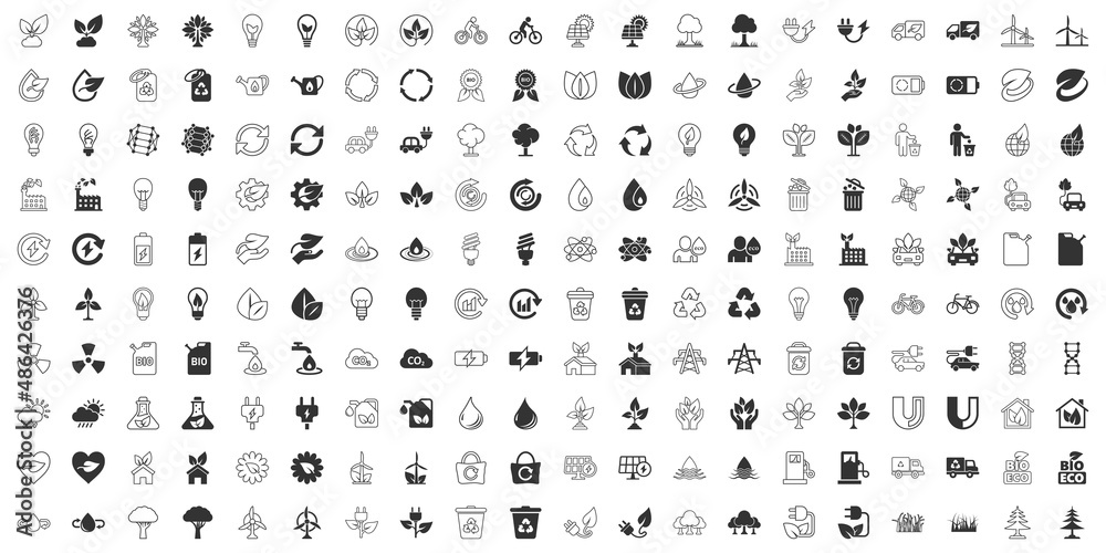 Eco environment icons set in flat style. Ecology vector illustration on white isolated background. Bio emblem sign business concept.