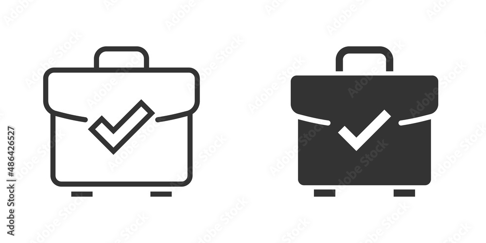 Briefcase accept icon in flat style. Portfolio approval vector illustration on white isolated background. Confirm business concept. Briefcase accept icon in flat style. Portfolio approval vector illustration on white isolated background. Confirm business concept.