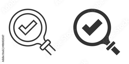 Check mark with magnifying glass icon in flat style. Loupe accept vector illustration on white isolated background. Search checklist business concept.