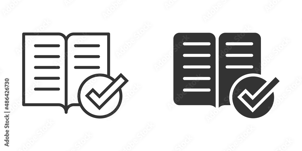 Book check mark icon in flat style. Bookmark approval vector illustration on white isolated background. Confirm business concept. Book check mark icon in flat style. Bookmark approval vector illustration on white isolated background. Confirm business concept.