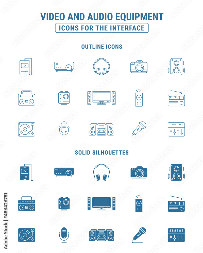 Video and Audio equipment Icons set - Vector outline symbols and silhouettes of camera, TV, player, projector, headphones, speakers electronic device for the site or interface Video and Audio equipment Icons set - Vector outline symbols and silhouettes of camera, TV, player, projector, headphones, speakers electronic device for the site or interface