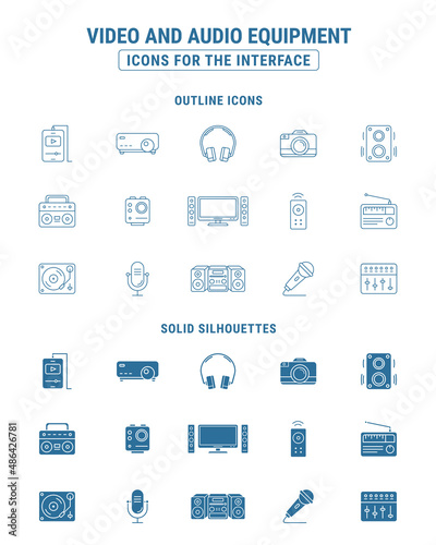 Video and Audio equipment Icons set - Vector outline symbols and silhouettes of camera, TV, player, projector, headphones, speakers electronic device for the site or interface