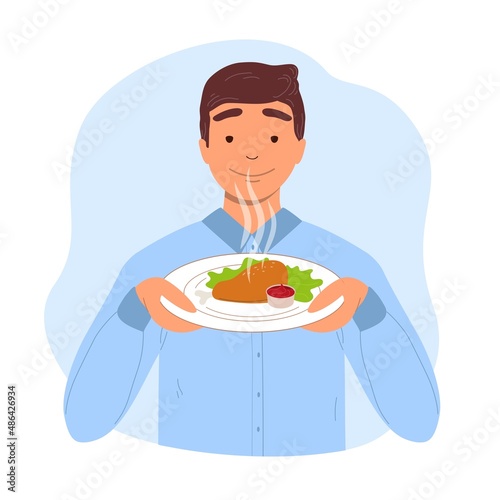 A man sniffs fresh tasty food. Vector flat illustration isolated on white background