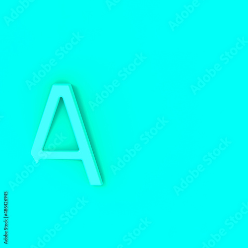 Letter A Is Aquamarine on Aquamarine background. Part of letter is immersed in background. Square image. 3D image. 3D rendering.