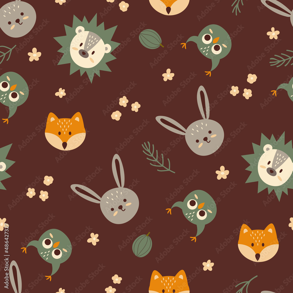 Seamless pattern with forest animals. Fox, hare, owl, hedgehog. Design for fabric, textile, wallpaper, packaging.