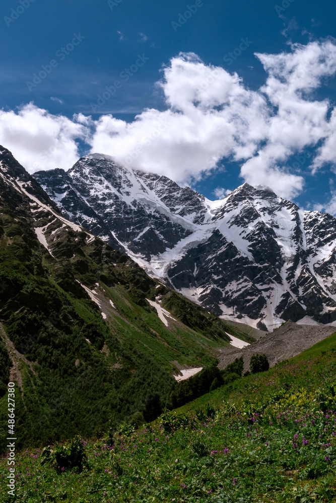 Greater Caucasus Range.  Glacier Seven on mount Donguz-Orun in Elbrus region. Summer landscape