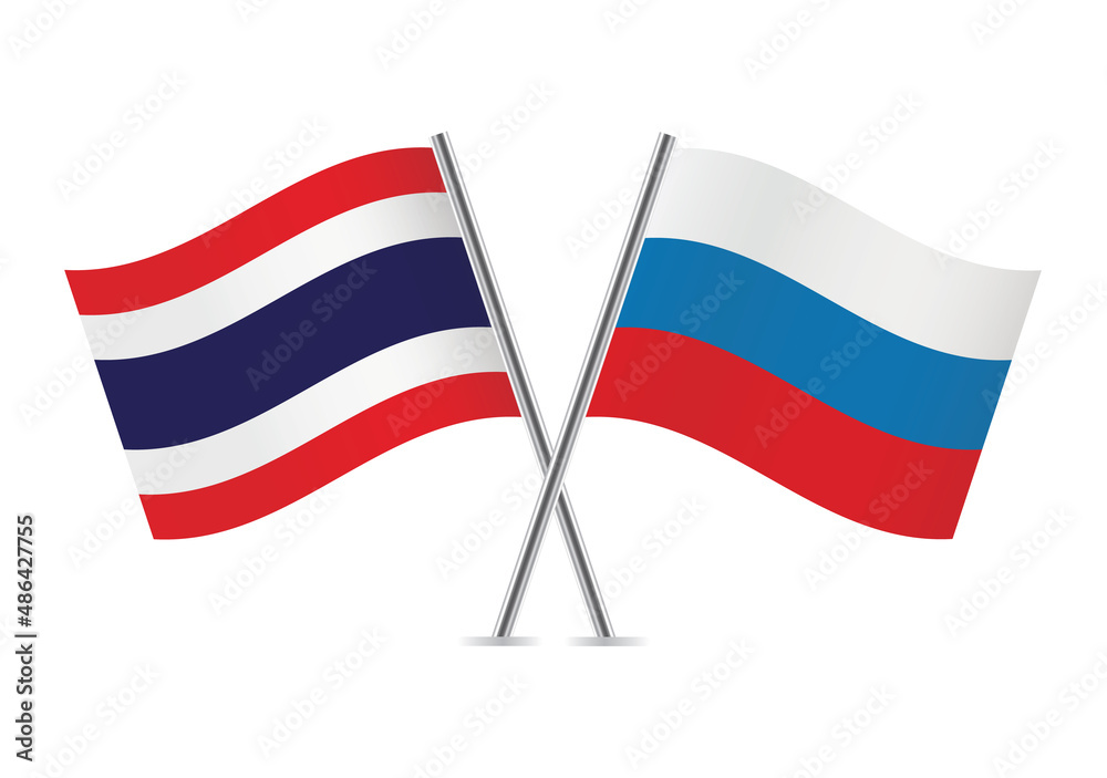 Thailand and Russia crossed flags. Thai and Russian flags, isolated on white background. Vector icon set. Vector illustration.