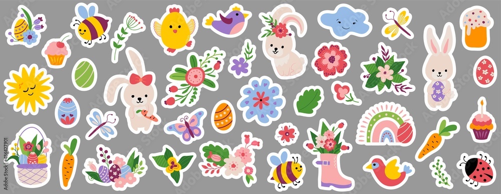 Set of Easter stickers. Spring, flowers, rabbits, bees, butterflies, birds, dragonflies, Easter eggs. Set of Easter stickers. Spring, flowers, rabbits, bees, butterflies, birds, dragonflies, Easter eggs.